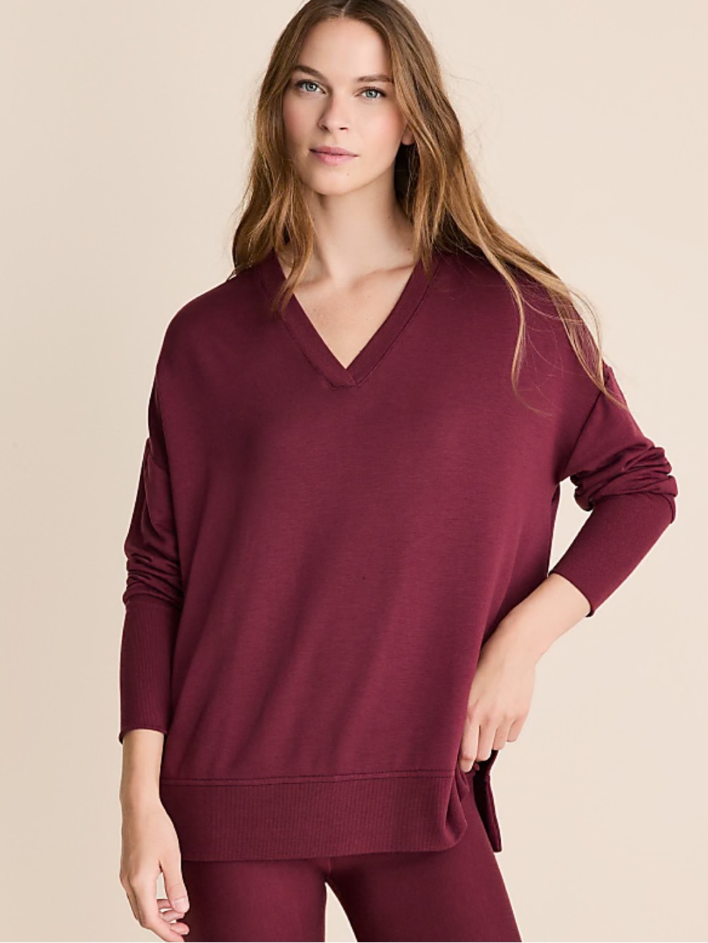 Lou & Grey Loft Ribtrim Signaturesoft V-Neck Tunic Top XL Maroon